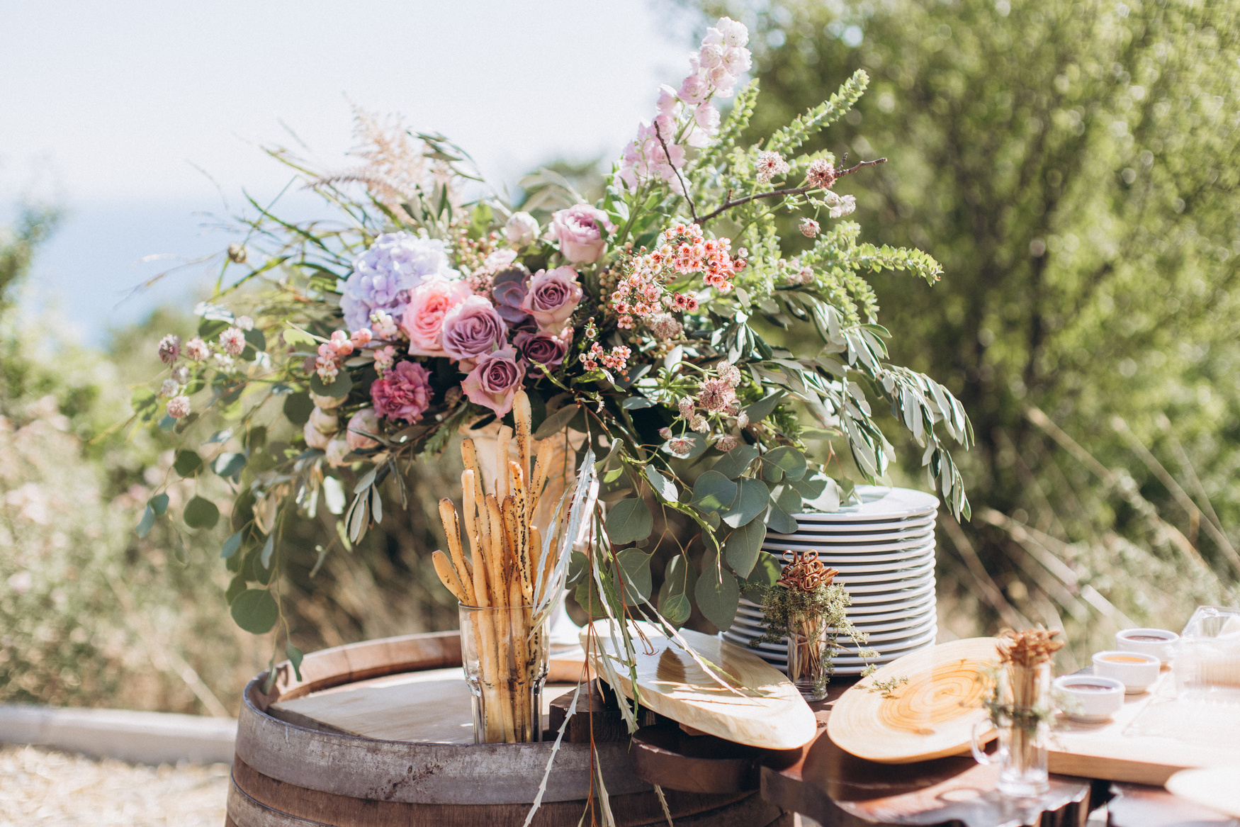 Boho wedding table with eco decor for guests.